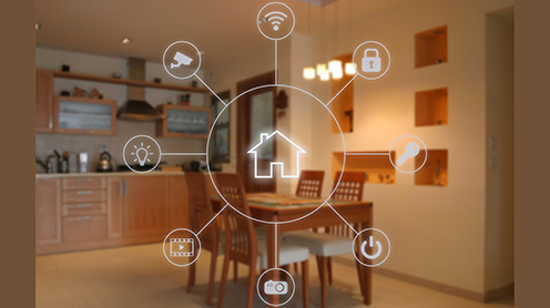 Kitchen with an overlay of a house and the smart device connections it could have