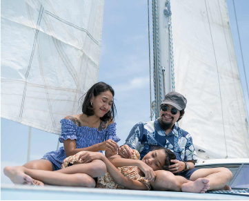 Woman, man and young girl on the deck of a sailboat